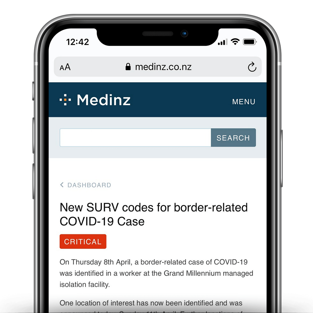 Medinz app with a COVID-19 alert